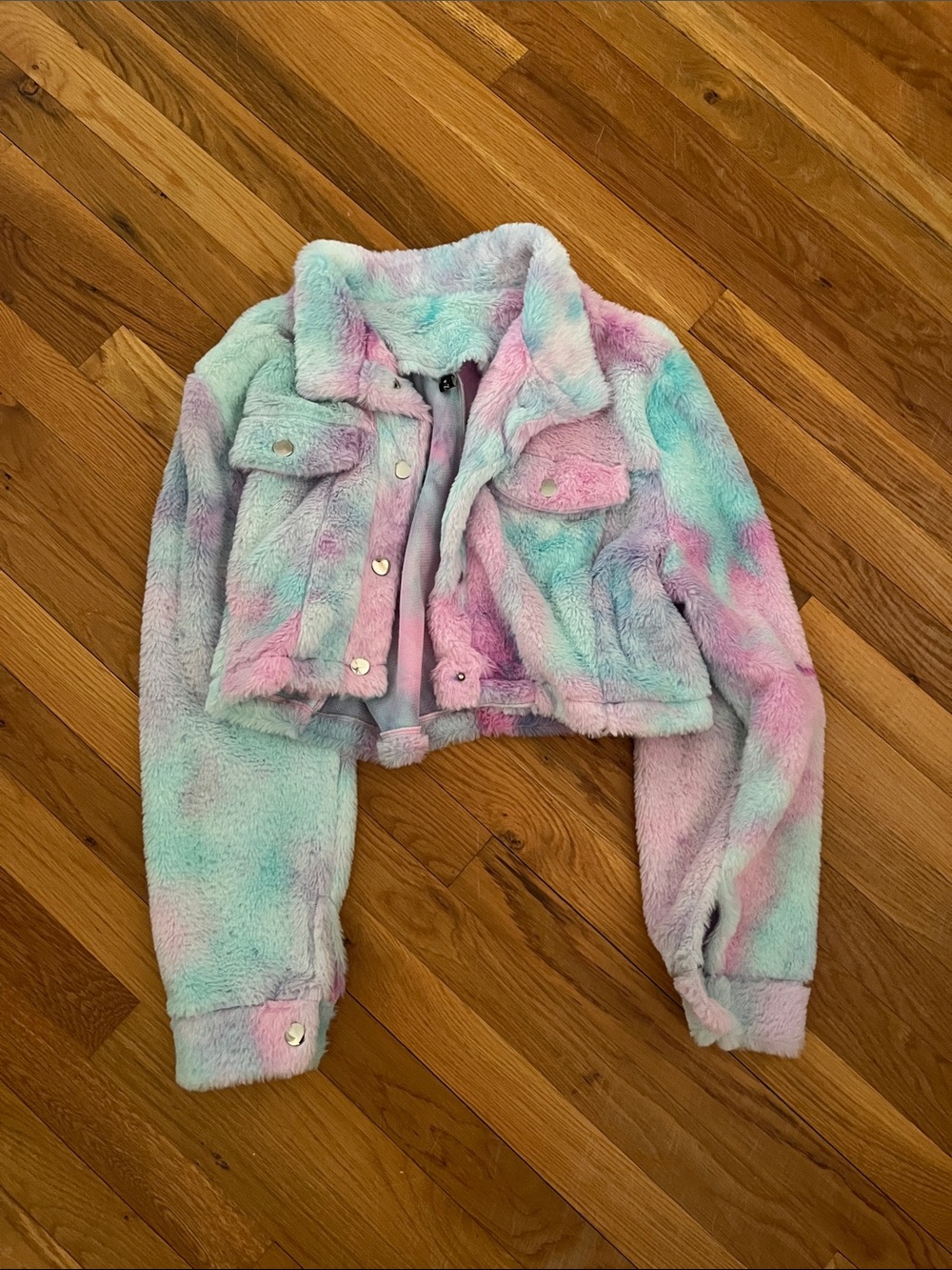 Zaful Pastel Tie-Dye Faux Fur Cropped Jacket - Mint, Pink & Lavender